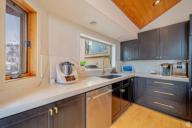 4414 Hidden Cove Rd, Park City, UT 84098 - kitchen with light wood-style flooring, a sink, wood ceiling, vaulted ceiling, and stainless steel dishwasher