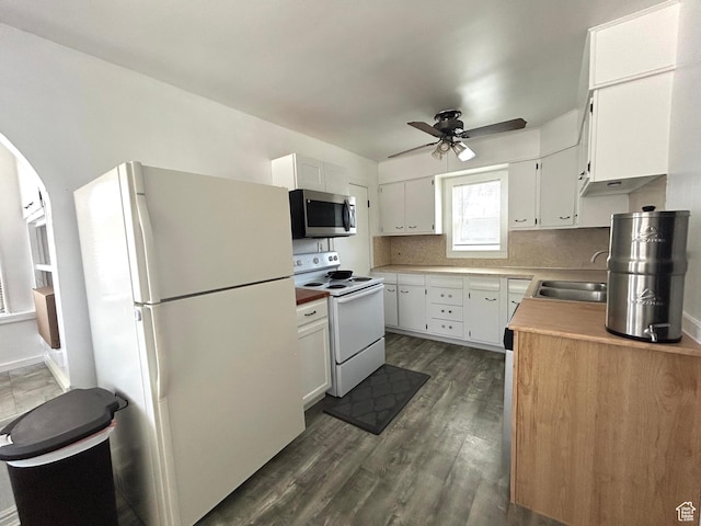330 E 300 N, Price, UT 84501 - kitchen with a sink, white appliances, dark wood-type flooring, white cabinetry, and a ceiling fan