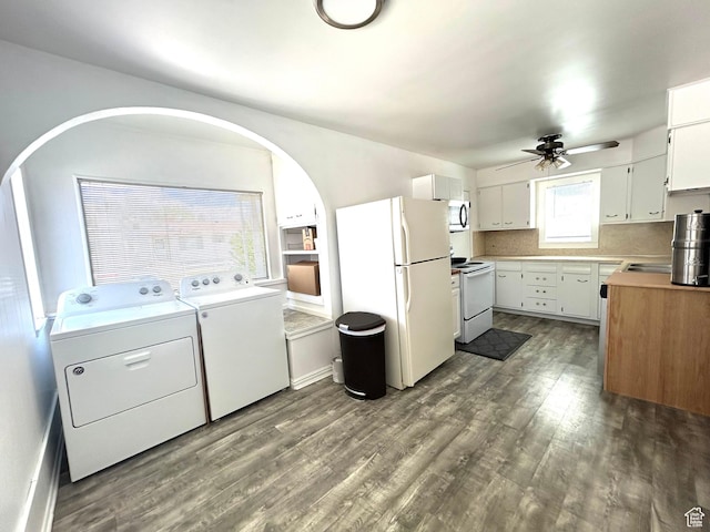 330 E 300 N, Price, UT 84501 - kitchen with white appliances, washer and dryer, dark wood-style flooring, ceiling fan, and light countertops