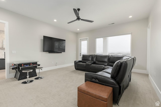 3311 E Barrel Roll Dr, St George, UT 84790 - living room featuring light carpet, baseboards, visible vents, and recessed lighting