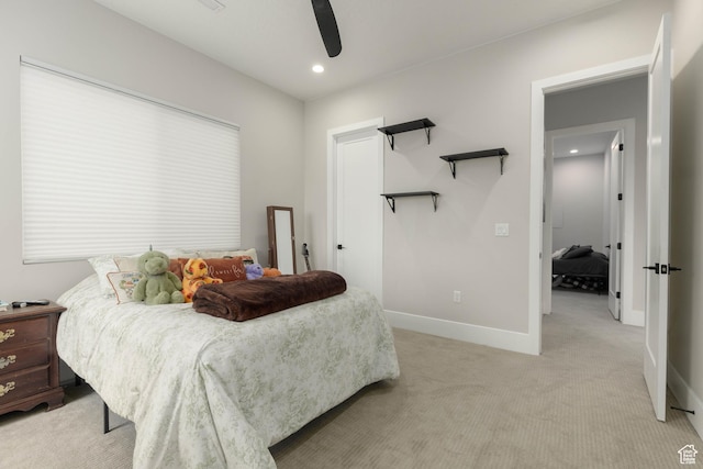 3311 E Barrel Roll Dr, St George, UT 84790 - bedroom with recessed lighting, baseboards, ceiling fan, and light colored carpet