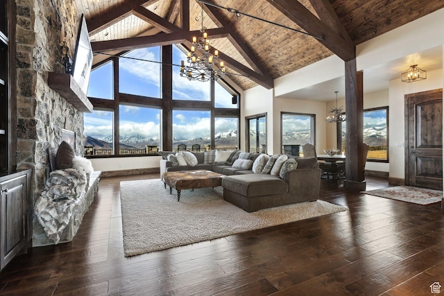 3203 E Kings Crest Ct, Heber City, UT 84032 - living room with wooden ceiling, dark wood finished floors, beam ceiling, and an inviting chandelier