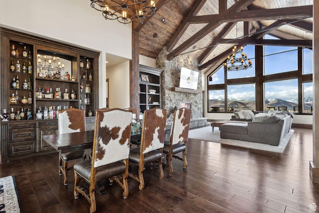 3203 E Kings Crest Ct, Heber City, UT 84032 - dining room featuring a chandelier, high vaulted ceiling, dark wood-style flooring, wood ceiling, and beam ceiling