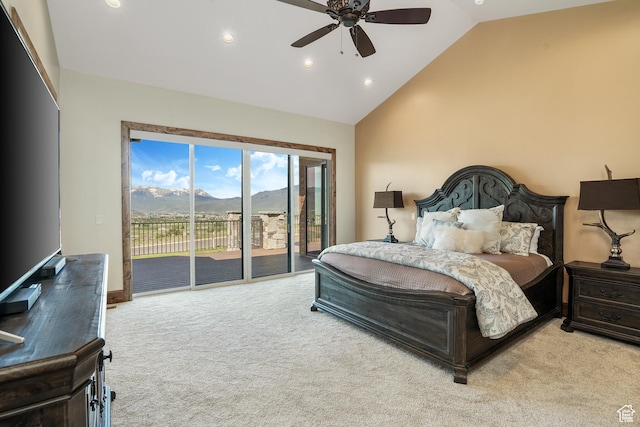 3203 E Kings Crest Ct, Heber City, UT 84032 - bedroom featuring access to exterior, recessed lighting, light colored carpet, a mountain view, and high vaulted ceiling