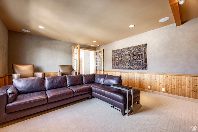 2667 Aspen Springs Dr, Park City, UT 84060 - carpeted living area with recessed lighting, wainscoting, and wooden walls