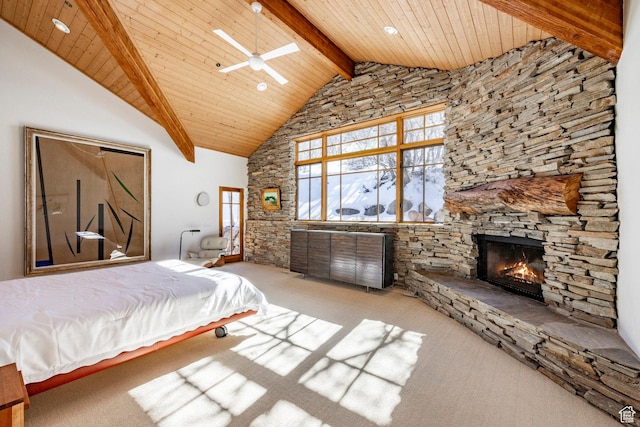 2667 Aspen Springs Dr, Park City, UT 84060 - carpeted bedroom with a fireplace, wood ceiling with exposed beams, and high vaulted ceiling
