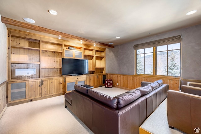 2667 Aspen Springs Dr, Park City, UT 84060 - living room with wainscoting, wooden walls, light colored carpet, and recessed lighting