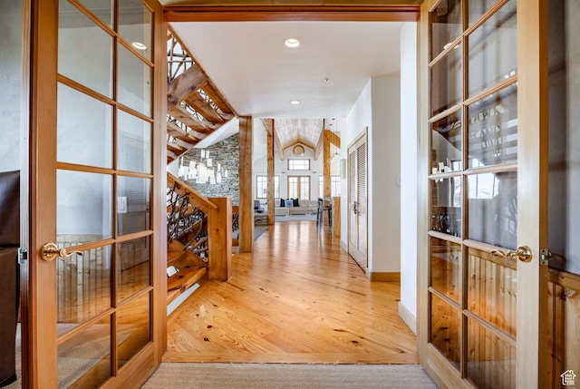 2667 Aspen Springs Dr, Park City, UT 84060 - entryway with french doors, wood finished floors, recessed lighting, baseboards, and vaulted ceiling