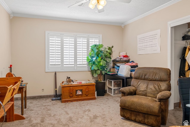1502 S 325 W, Hurricane, UT 84737 - living area with ornamental molding, light carpet, ceiling fan, and baseboards