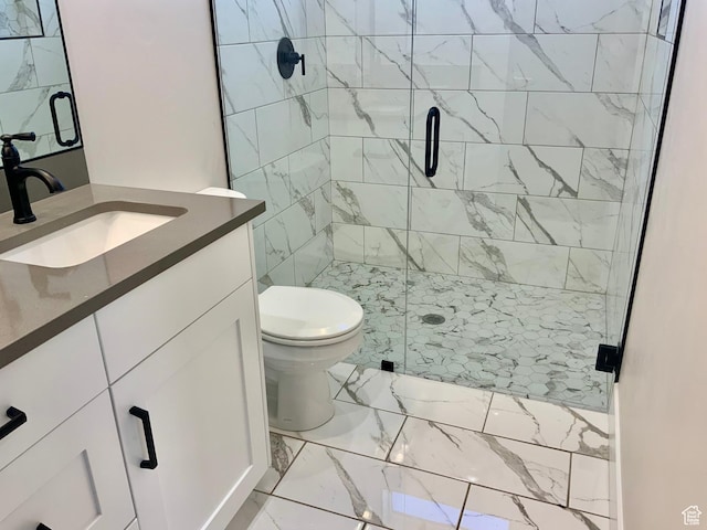 full bath featuring marble finish floor, a shower stall, toilet, and vanity