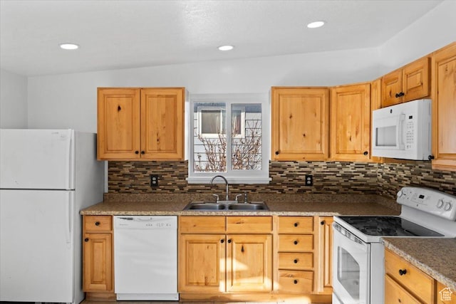 6357 W 3570 S, West Valley City, UT 84128 - kitchen featuring dark countertops, white appliances, and a sink