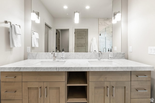 6427 Double Deer Loop, Park City, UT 84098 - full bath featuring a marble finish shower, recessed lighting, double vanity, and a sink