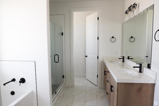 2794 E Liam Ln Unit 101, Eagle Mountain, UT 84005 - full bathroom with marble look tiles, a bath, a shower stall, and double vanity