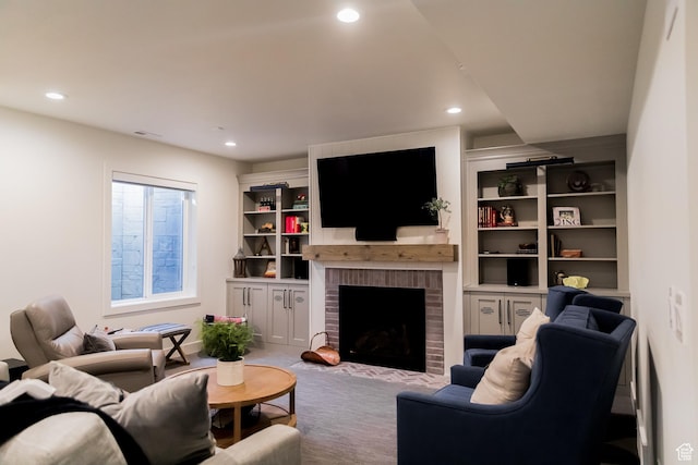 14102 S Sleepy Oaks Ln, Herriman, UT 84096 - living room with a brick fireplace, recessed lighting, and built in features