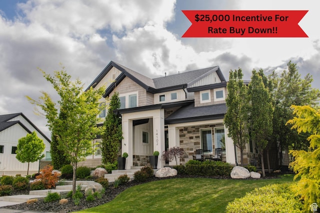 14102 S Sleepy Oaks Ln, Herriman, UT 84096 - craftsman-style home featuring stone siding, a front lawn, and board and batten siding