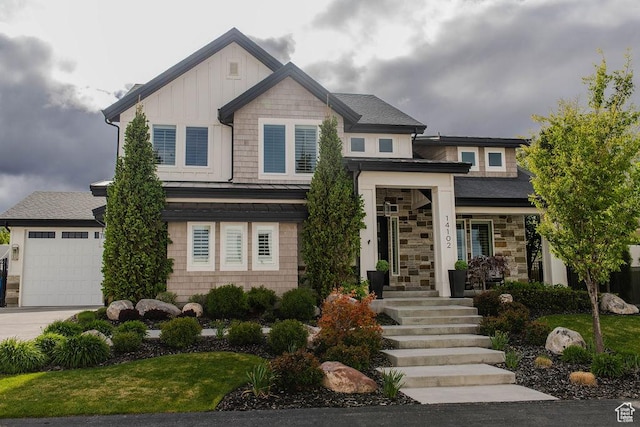 14102 S Sleepy Oaks Ln, Herriman, UT 84096 - view of front facade featuring concrete driveway, board and batten siding, a standing seam roof, an attached garage, and a shingled roof