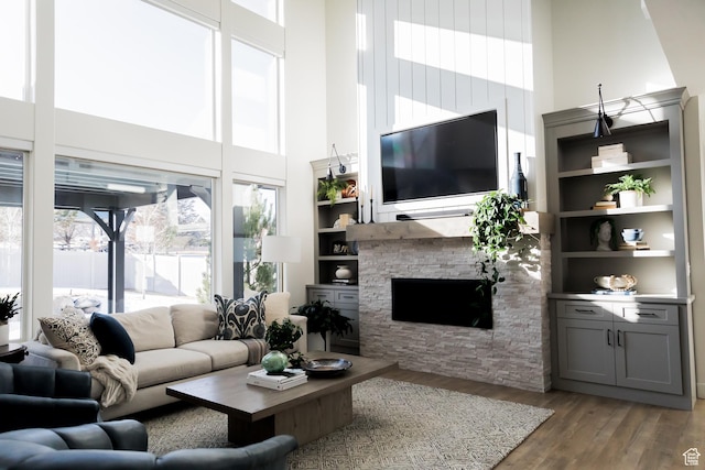 14102 S Sleepy Oaks Ln, Herriman, UT 84096 - living area featuring a high ceiling, wood finished floors, and a fireplace