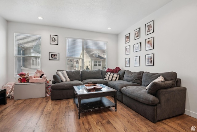6643 W Skip Rock Rd S, South Jordan, UT 84009 - living area with recessed lighting, a textured ceiling, and hardwood / wood-style floors