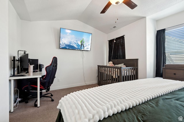 6643 W Skip Rock Rd S, South Jordan, UT 84009 - carpeted bedroom featuring vaulted ceiling, ceiling fan, visible vents, and baseboards