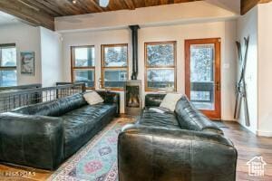 234 Ridge Ave, Park City, UT 84060 - living area with beam ceiling, wood finished floors, and wood ceiling