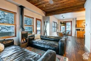 234 Ridge Ave, Park City, UT 84060 - living area featuring a wood stove, dark wood-type flooring, wooden ceiling, and a ceiling fan