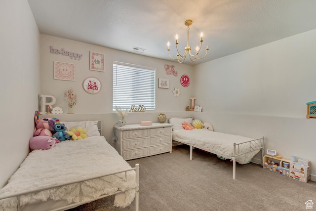 6393 N Pine Tree Way, Eagle Mountain, UT 84005 - carpeted bedroom featuring visible vents and a notable chandelier