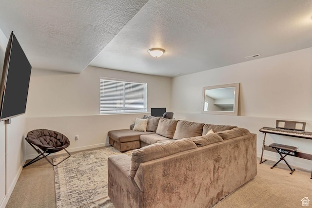 6393 N Pine Tree Way, Eagle Mountain, UT 84005 - living room featuring baseboards, a textured ceiling, visible vents, and light colored carpet