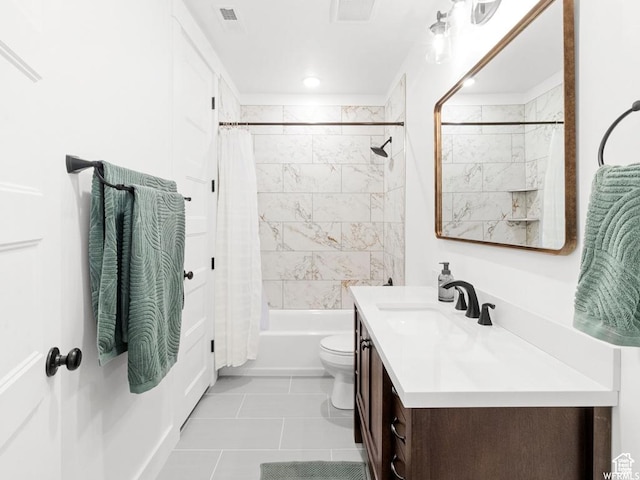 full bath featuring visible vents, toilet, tile patterned floors, shower / bath combination with curtain, and vanity