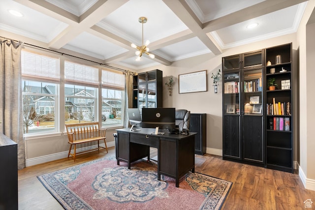 home office with wood finished floors, beam ceiling, coffered ceiling, baseboards, and ornamental molding
