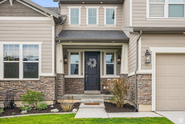 property entrance with stone siding