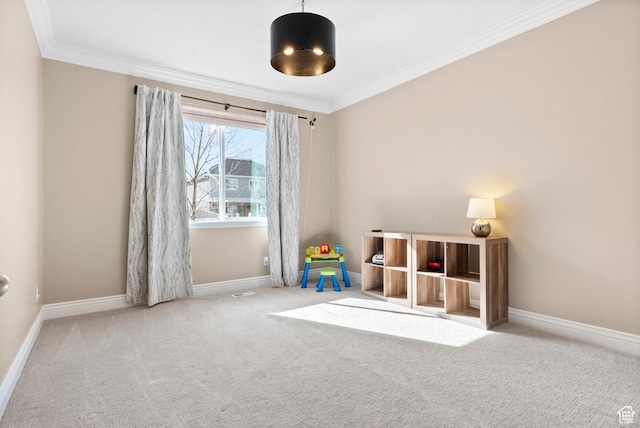 game room featuring crown molding, carpet flooring, and baseboards