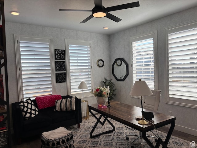 office area featuring wood finished floors, a healthy amount of sunlight, a ceiling fan, and baseboards