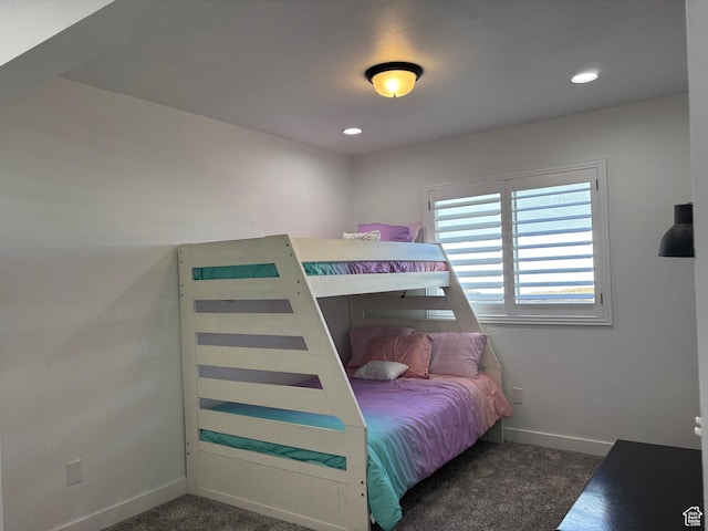 bedroom with recessed lighting, carpet flooring, and baseboards