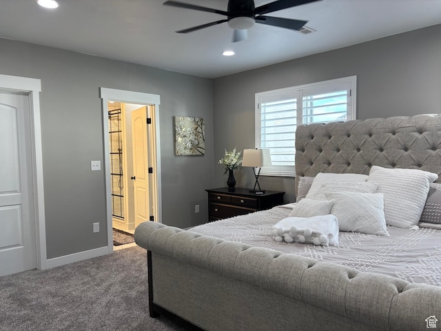 bedroom featuring recessed lighting, carpet, visible vents, ensuite bath, and baseboards