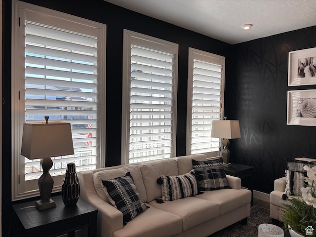 living room featuring a textured ceiling