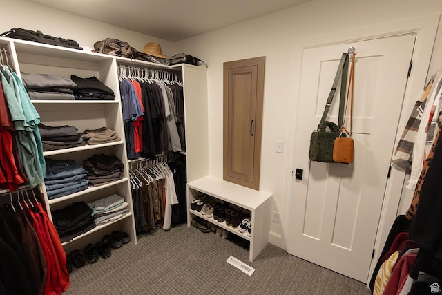 walk in closet with carpet flooring