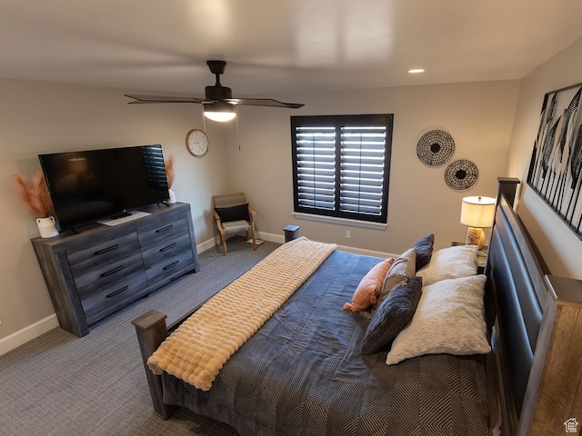 carpeted bedroom with recessed lighting, a ceiling fan, and baseboards