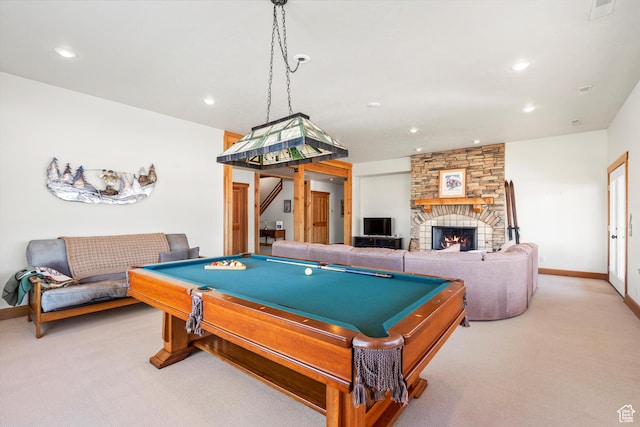 1173 S Innsbruck Dr, Huntsville, UT 84317 - playroom with carpet flooring, baseboards, recessed lighting, a fireplace, and billiards