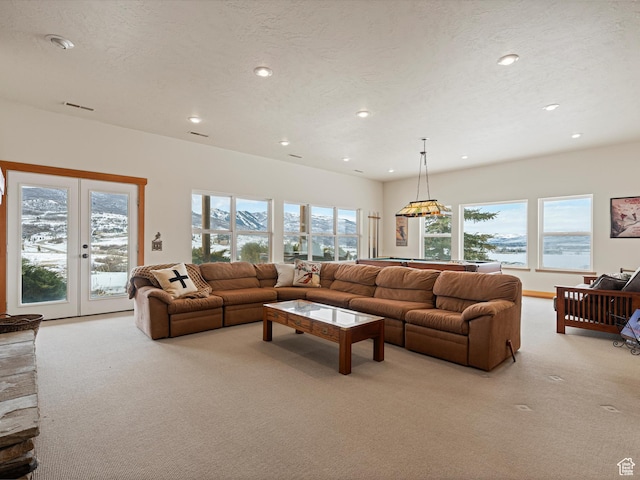 1173 S Innsbruck Dr, Huntsville, UT 84317 - living area featuring visible vents, recessed lighting, light carpet, and french doors