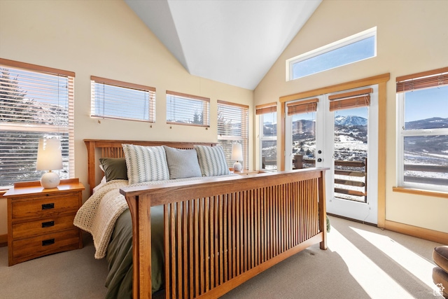 1173 S Innsbruck Dr, Huntsville, UT 84317 - carpeted bedroom featuring a mountain view, high vaulted ceiling, and access to outside