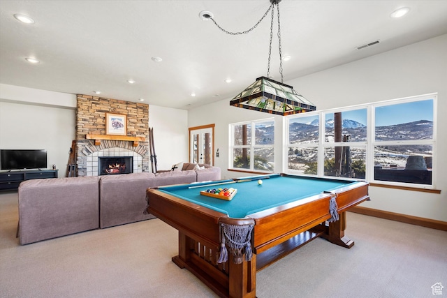 1173 S Innsbruck Dr, Huntsville, UT 84317 - recreation room featuring visible vents, carpet floors, a fireplace, and recessed lighting