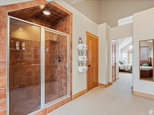 1173 S Innsbruck Dr, Huntsville, UT 84317 - ensuite bathroom featuring baseboards, a shower stall, connected bathroom, and lofted ceiling