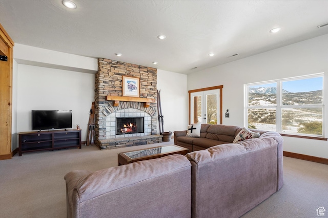 1173 S Innsbruck Dr, Huntsville, UT 84317 - carpeted living area featuring a fireplace, visible vents, recessed lighting, and baseboards