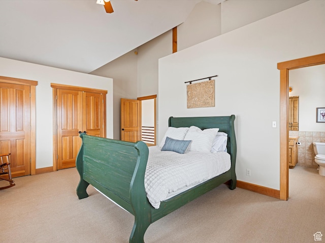 1173 S Innsbruck Dr, Huntsville, UT 84317 - bedroom featuring light colored carpet, high vaulted ceiling, and baseboards
