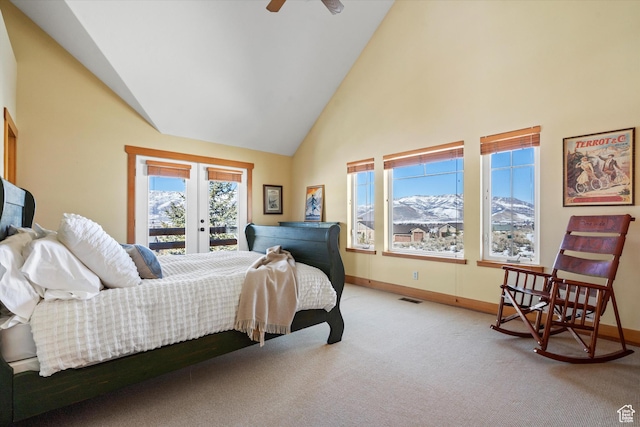 1173 S Innsbruck Dr, Huntsville, UT 84317 - bedroom with carpet flooring, high vaulted ceiling, access to outside, visible vents, and french doors