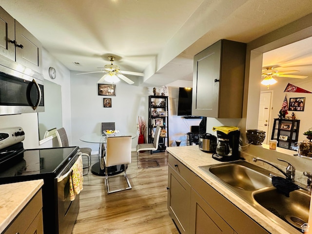 4110 S Oak Meadows Dr Unit 20, Taylorsville, UT 84123 - kitchen with light wood finished floors, a ceiling fan, stainless steel appliances, and a sink