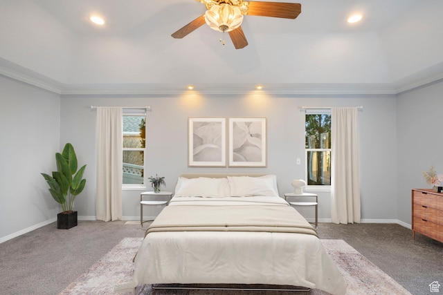 bedroom with ceiling fan, baseboards, carpet flooring, and recessed lighting