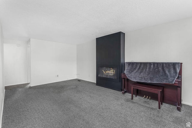 living room with a textured ceiling, carpet, and a multi sided fireplace