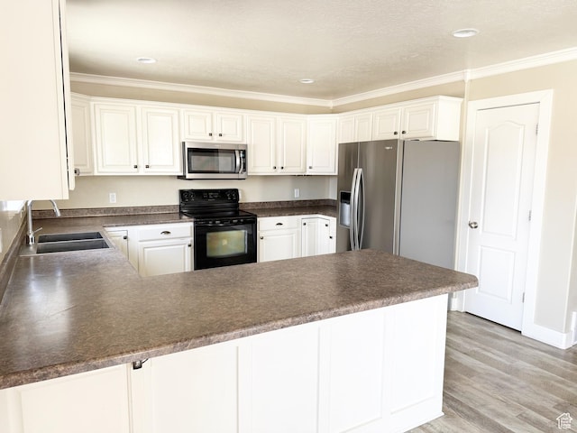 2825 S 400 W, Vernal, UT 84078 - kitchen with stainless steel appliances, a sink, a peninsula, ornamental molding, and dark countertops