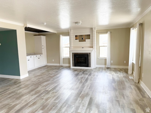 2825 S 400 W, Vernal, UT 84078 - unfurnished living room with a textured ceiling, plenty of natural light, light wood finished floors, ornamental molding, and a large fireplace
